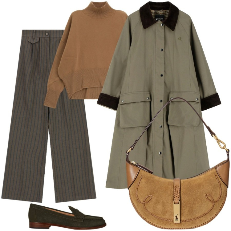 Outfit donna - Verde bosco e marrone. Stile Casual chic per Ufficio. Abbinamento con maglieria, pantaloni, cappotti, borse a spalla, mocassini.
