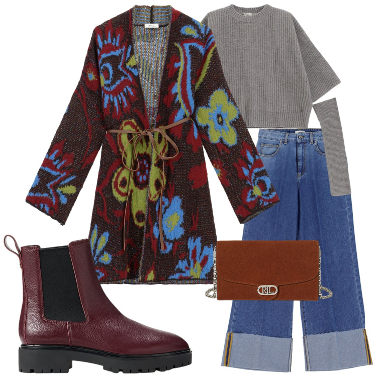 Outfit donna - FW25 Dixie. Stile Casual chic per Serata fuori. Abbinamento con cardigans, jeans, maglieria, borse a tracolla, stivaletti chelsea.
