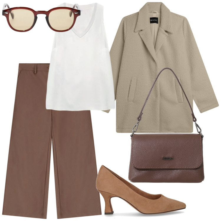 Outfit donna - Nei toni del marrone. Stile Casual per Tutti i giorni. Abbinamento con pantaloni, occhiali da sole, cappotti, borse a tracolla, top, décolleté.