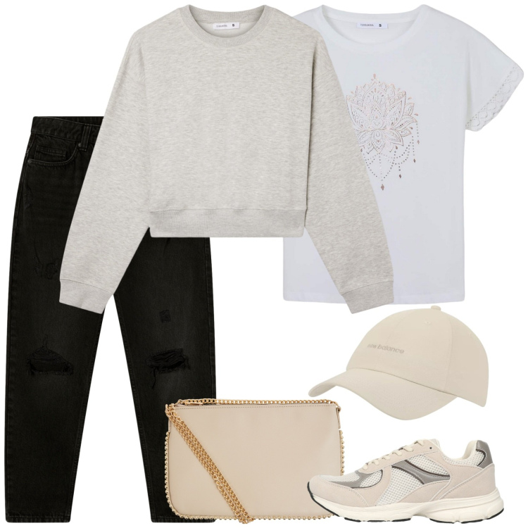 Outfit donna - Fa decisamente freschino. Stile Casual per Tutti i giorni. Abbinamento con felpe, borse a tracolla, t-shirt, jeans mom, sneakers, cappelli con visiera.