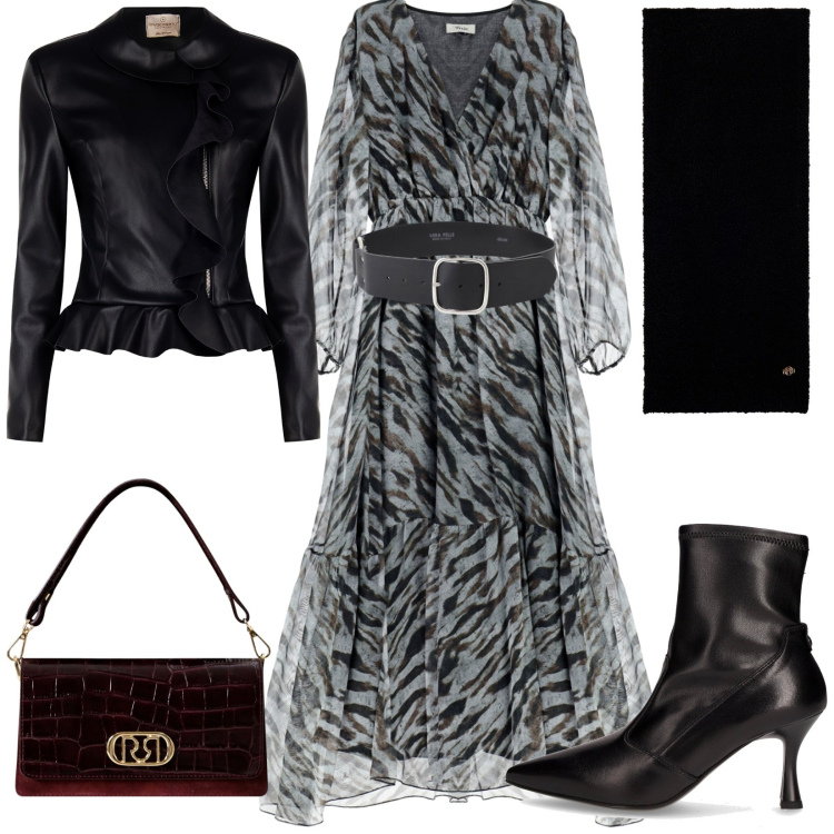 Outfit donna - Total look #2245641. Stile Bon Ton per Serata fuori. Abbinamento con blazer, borse a mano, sciarpe, vestiti lunghi, cinture, stivaletti.
