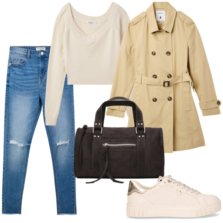 Outfit donna - Total look #2245642. Stile Casual per Tutti i giorni. Abbinamento con jeans strappati, trench, maglieria, borse a mano, sneakers.