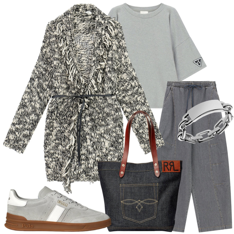 Outfit donna - FW25 Dixie. Stile Casual chic per Tutti i giorni. Abbinamento con pantaloni a palazzo, cardigans, t-shirt, borse tote, sneakers, anelli.