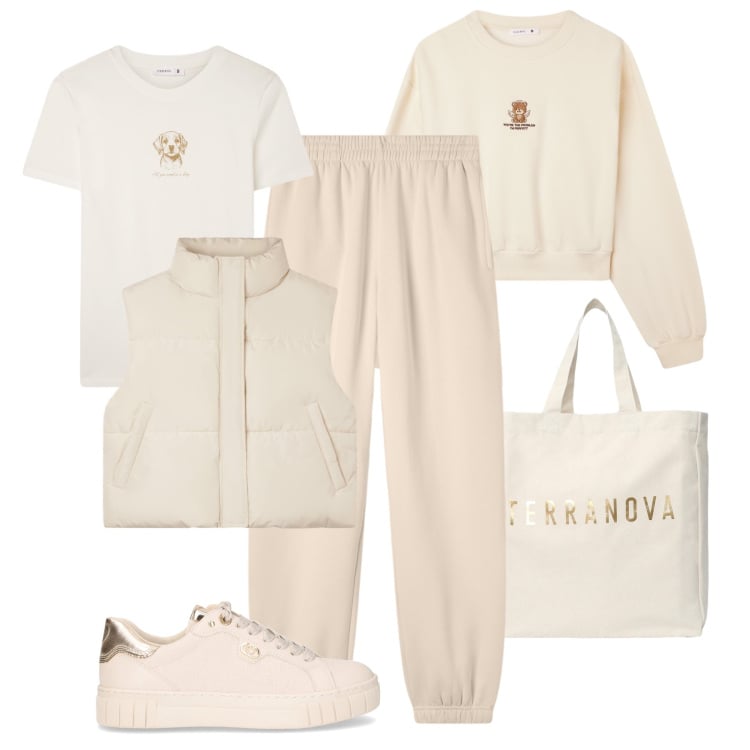 Outfit donna - Sportiva toni neutri. Stile Casual per Tutti i giorni. Abbinamento con borse tote, felpe, piumini, pantaloni, t-shirt, sneakers.