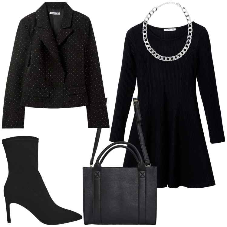 Outfit donna - Total look #2245646. Stile Minimal per Serata fuori. Abbinamento con vestiti corti, collane, borse tote, blazer, stivali.