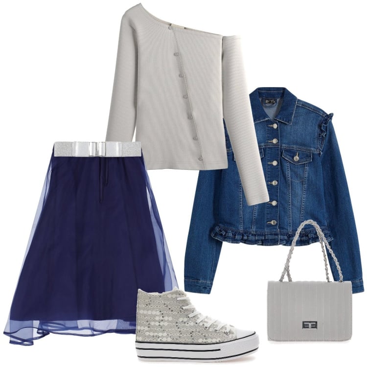 Outfit donna - Total look #2245653. Stile Sporty chic per Tutti i giorni. Abbinamento con maglieria, blazer, cinture, gonne longuette, sneakers alte, borse a tracolla.