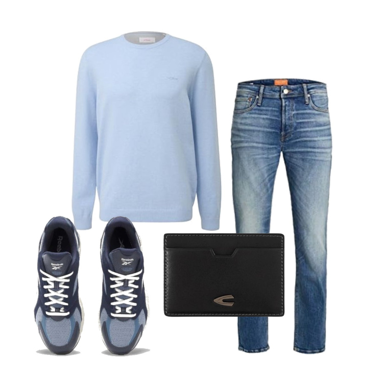 Outfit homme - Septembre. Style Casual pour Tous les jours. Assortir avec sneakers, pulls, portefeuille, jeans.