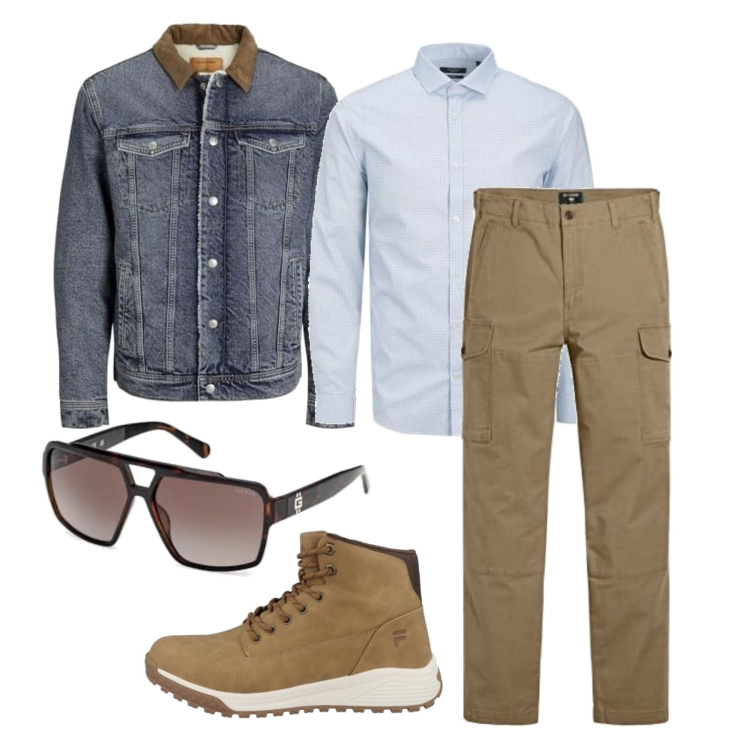Outfit homme - Septembre. Style Casual pour Tous les jours. Assortir avec pantalon cargo, lunettes de soleil, chemisiers, vestes, bottes.