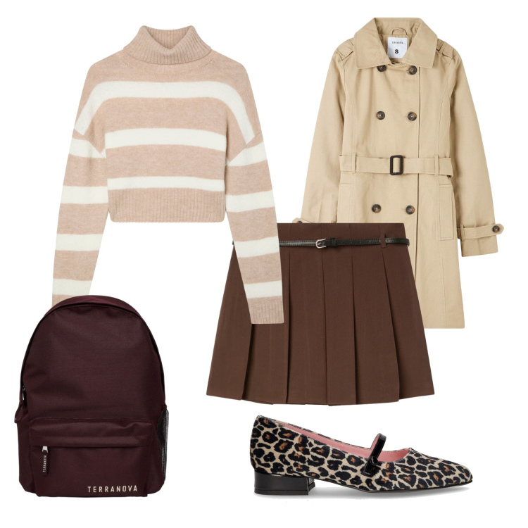 Outfit donna - Ritorno al college. Stile Urban per Tutti i giorni. Abbinamento con trench, zaini, minigonne, maglieria, ballerine.