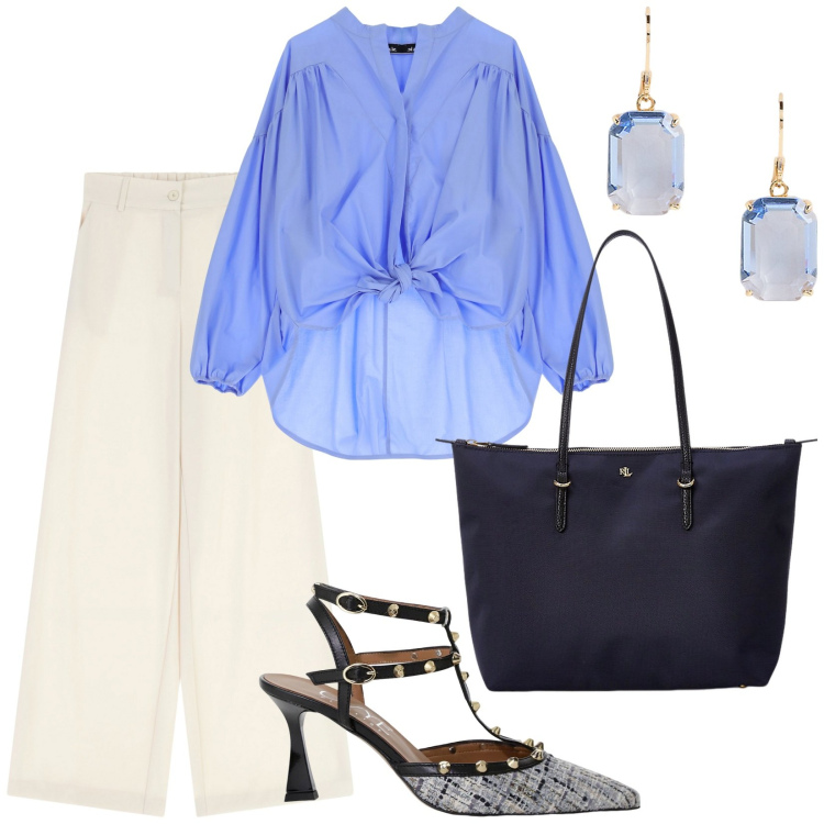 Outfit donna - Total look #2245665. Stile Chic per Ufficio. Abbinamento con pantaloni a palazzo, camicie, décolleté, borse tote, orecchini.