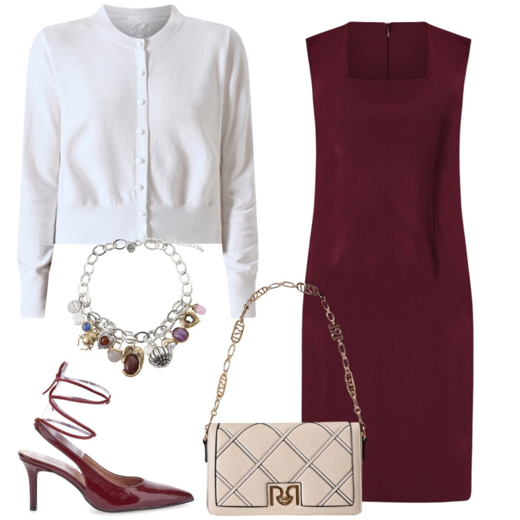 Outfit donna - Pranzo in città. Stile Bon Ton per Tutti i giorni. Abbinamento con cardigans, borse a tracolla, vestiti a tubino, braccialetti con ciondoli, décolleté.