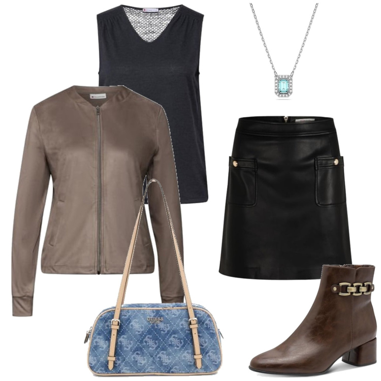 Outfit femme - Maïwen. Style Glamour pour Soirée dehors. Assortir avec jupes, sacs cartable, bottes, gilets sans manche, colliers, débardeurs à bretelles.