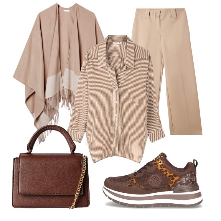 Outfit donna - Colori naturali. Stile Casual chic per Ufficio. Abbinamento con camicie, pantaloni a palazzo, borse a tracolla, cappe, sneakers.