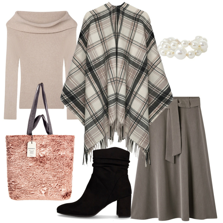 Outfit donna - Mantella. Stile Casual chic per Tutti i giorni. Abbinamento con gonne lunghe, maglieria, cappotti, borse tote, anelli, stivaletti.