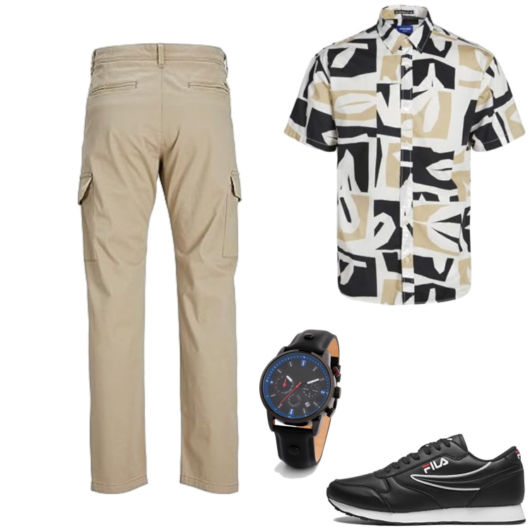 Outfit homme - Maël. Style Tendance pour Tous les jours. Assortir avec bracelets, chemises à manches courtes, pantalon cargo, sneakers.
