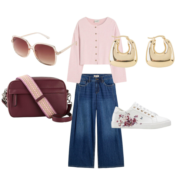 Outfit donna - Gita fuori città. Stile Casual per Tutti i giorni. Abbinamento con sneakers, occhiali da sole, orecchini, jeans, borse a tracolla, cardigans.