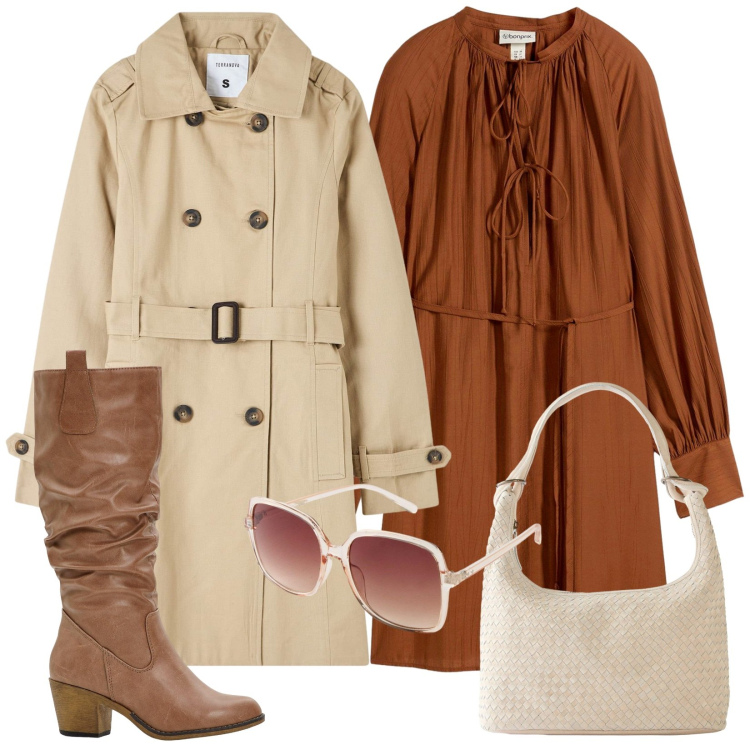 Outfit donna - Autunno must have. Stile Casual chic per Tutti i giorni. Abbinamento con stivali, occhiali da sole, shopping bag, vestiti, trench.