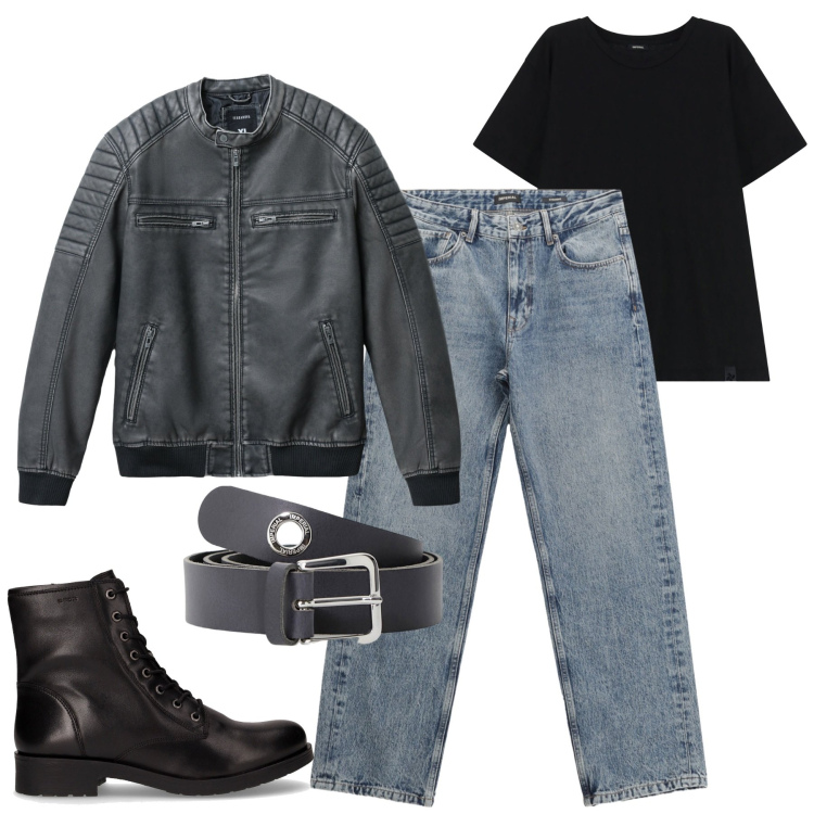 Outfit uomo - La giacca biker. Stile Biker Rock per Tutti i giorni. Abbinamento con giacche, jeans dritti, cinture, t-shirt, stivali e stivaletti.