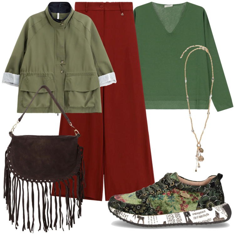 Outfit donna - Sneakers fantasia. Stile Casual Abbinamento con parka, borse a tracolla, pantaloni a palazzo, maglieria, sneakers, ciondoli.