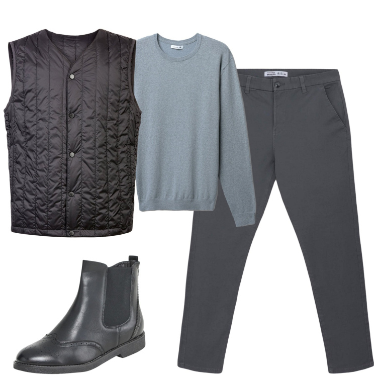 Outfit uomo - City. Stile Urban per Tutti i giorni. Abbinamento con stivali e stivaletti, pantaloni chino, maglieria, piumini.