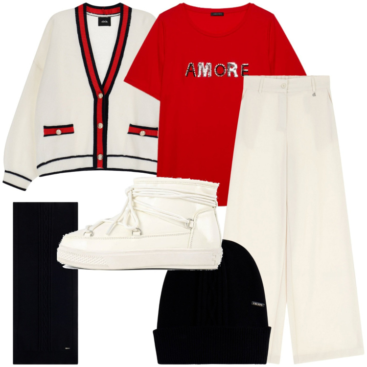 Outfit donna - Un giorno sulla neve. Stile Casual per Tutti i giorni. Abbinamento con sciarpe, cappelli, pantaloni a palazzo, cardigans, t-shirt, stivali da neve.