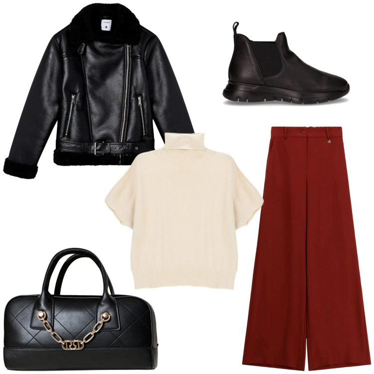 Outfit donna - Burgundy outfit ideas. Stile Trendy per Tutti i giorni. Abbinamento con giacche, borse a mano, maglieria, pantaloni a palazzo, stivaletti.