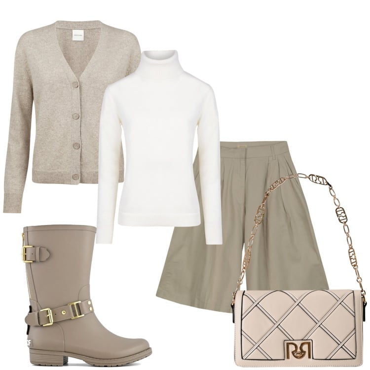 Outfit donna - Mattina di lavoro. Stile Urban per Tutti i giorni. Abbinamento con borse a tracolla, stivali, maglieria, cardigans, bermuda.