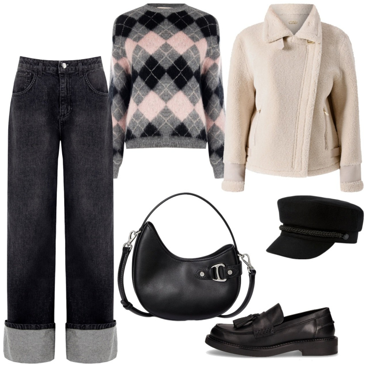 Outfit donna - Tempo libero. Stile Casual per Tutti i giorni. Abbinamento con jeans, maglieria, ecopellicce, borse a tracolla, cappelli, mocassini.