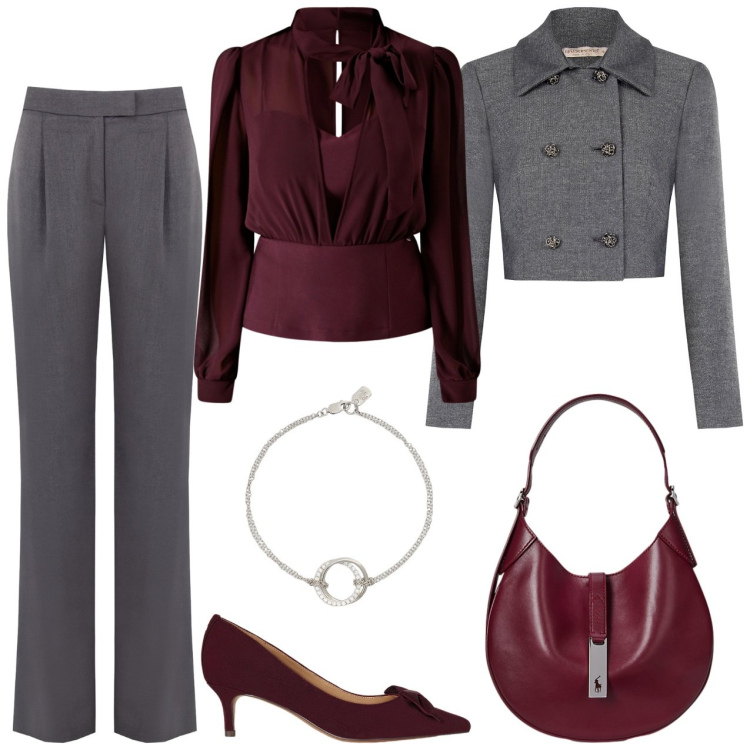 Outfit donna - Grigio e bordeaux. Stile Bon Ton per Ufficio. Abbinamento con bluse, blazer, pantaloni, braccialetti, borse a spalla, décolleté.