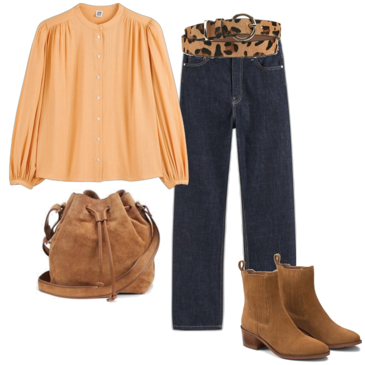 Outfit mujer - Casual chic #15203. Estilo Casual chic para Oficina. Combinación con blusas, bolsos saco, vaqueros rectos, cinturones, botines.