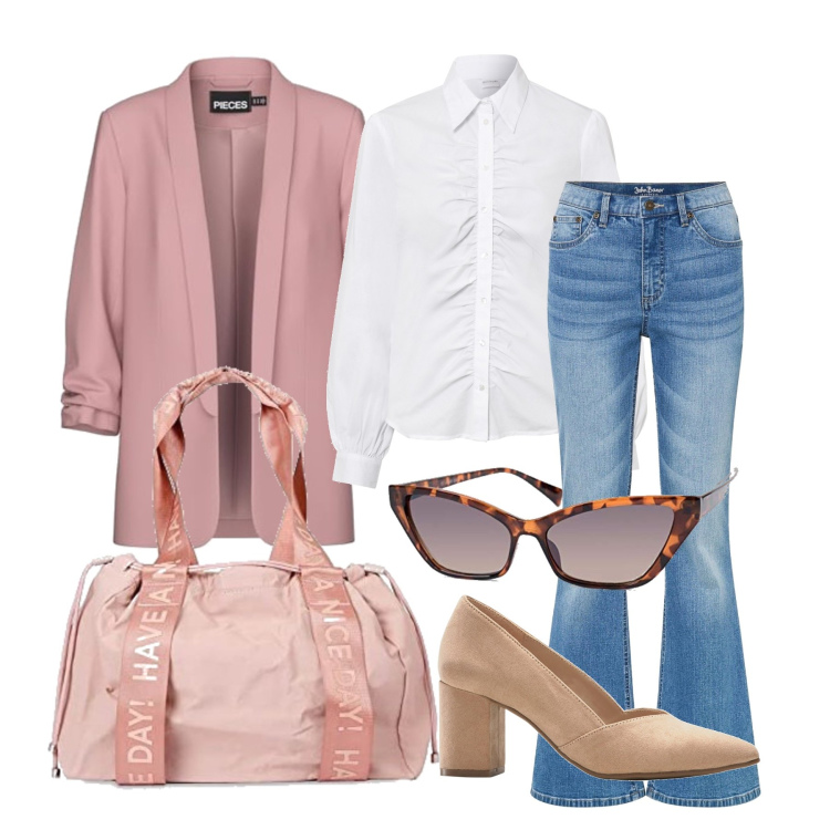 Outfit femme - Septembre. Style Casual chic pour Tous les jours. Assortir avec chaussures à talon, chemisiers, jean patte d'éléphant, blazers, sacs à dos, lunettes de soleil.