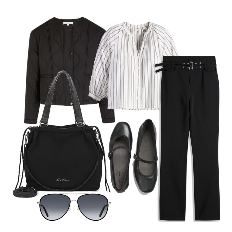 Outfit femme - Septembre. Style Glamour pour Tous les jours. Assortir avec pantalon , chemisiers, ballerines, doudounes, sac cabas, lunettes de soleil.