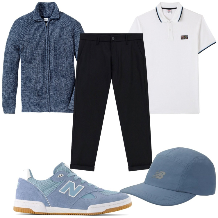 Outfit uomo - Maglione blu sopra la polo. Stile Trendy per Tutti i giorni. Abbinamento con cardigans, polo, cappelli con visiera, sneakers, pantaloni.
