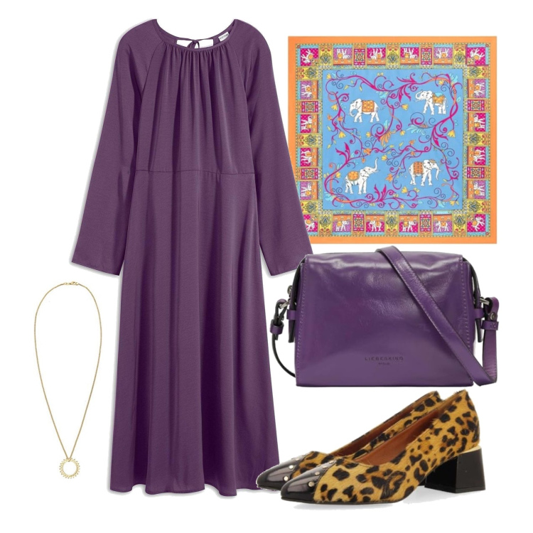 Outfit femme - Septembre. Style Tendance pour Tous les jours. Assortir avec robes longues, sacs en bandoulière, colliers, foulards, chaussures à talon.