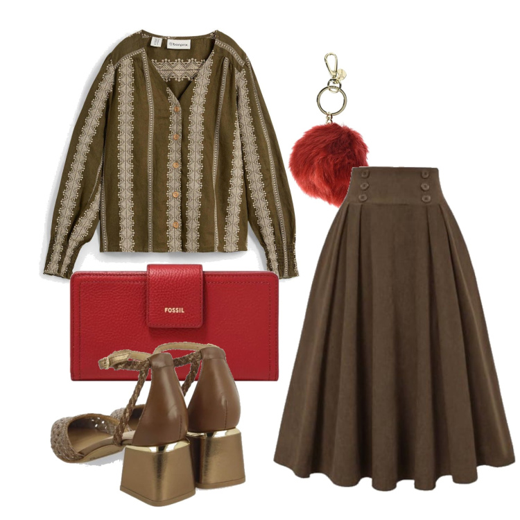 Outfit femme - Septembre. Style Vintage rétro pour Tous les jours. Assortir avec chemisiers, chaussures à talon, jupes, pochette, porte-clés.