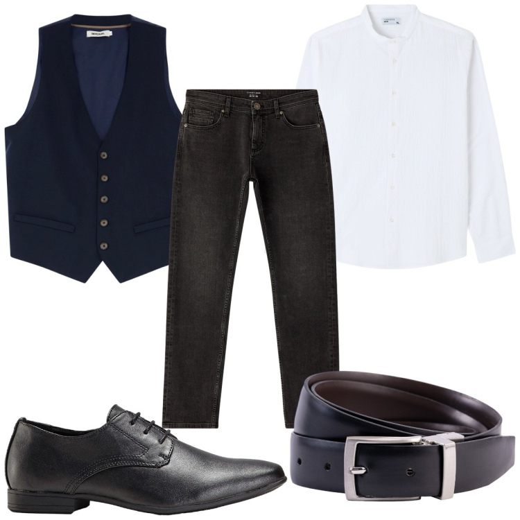 Outfit uomo - Stasera in jeans scuri. Stile Business/Elegante per Serata speciale. Abbinamento con scarpe stringate, camicie, jeans, gilet, cinture.