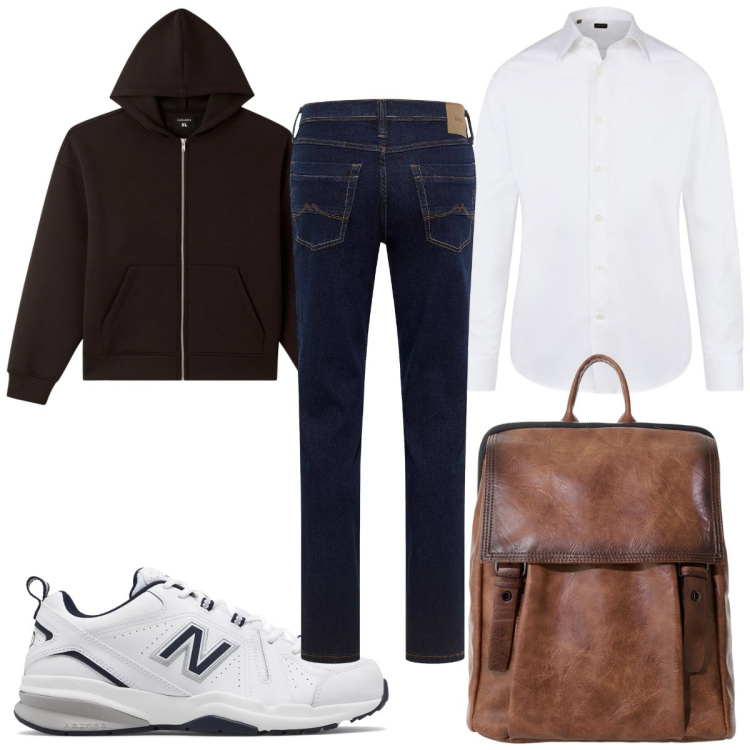 Outfit uomo - Jeans scuri e camicia bianca tutti i gio. Stile Trendy per Tutti i giorni. Abbinamento con jeans dritti, felpe con cappuccio, sneakers, borse sportive, camicie.