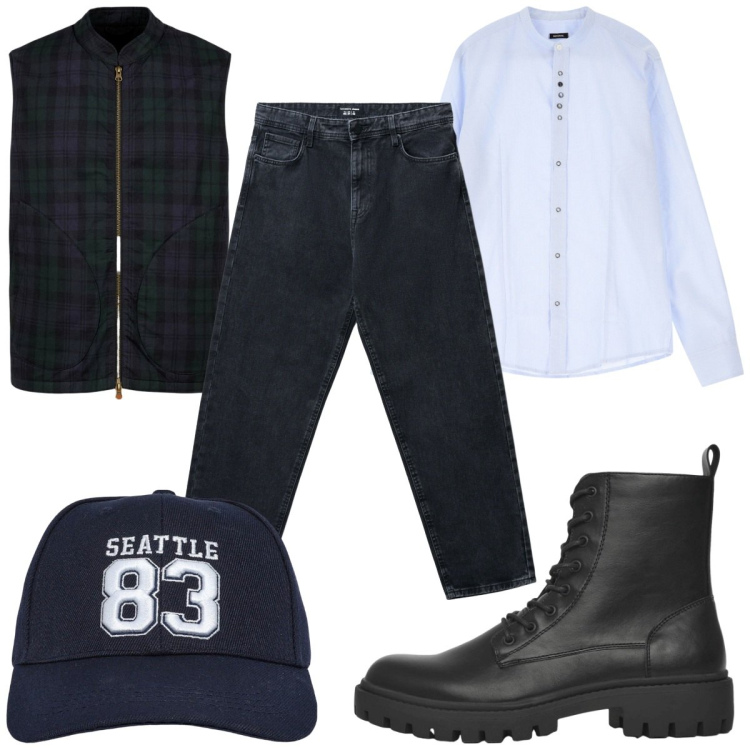 Outfit uomo - Total look #2245799. Stile Trendy per Tutti i giorni. Abbinamento con cappelli, anfibi, jeans, camicie, piumini.