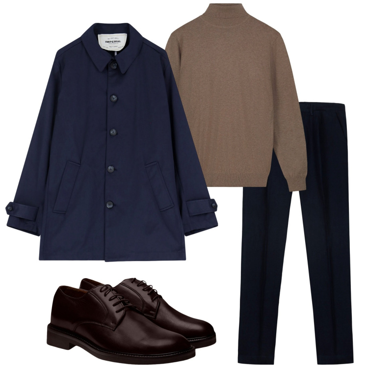 Outfit uomo - Urban style autunnale. Stile Urban per Ufficio. Abbinamento con trench, maglieria, scarpe stringate, pantaloni.