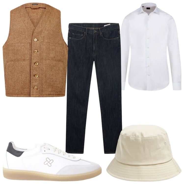 Outfit uomo - Total look #2245805. Stile Trendy per Tutti i giorni. Abbinamento con cappelli, sneakers, jeans, gilet, camicie.