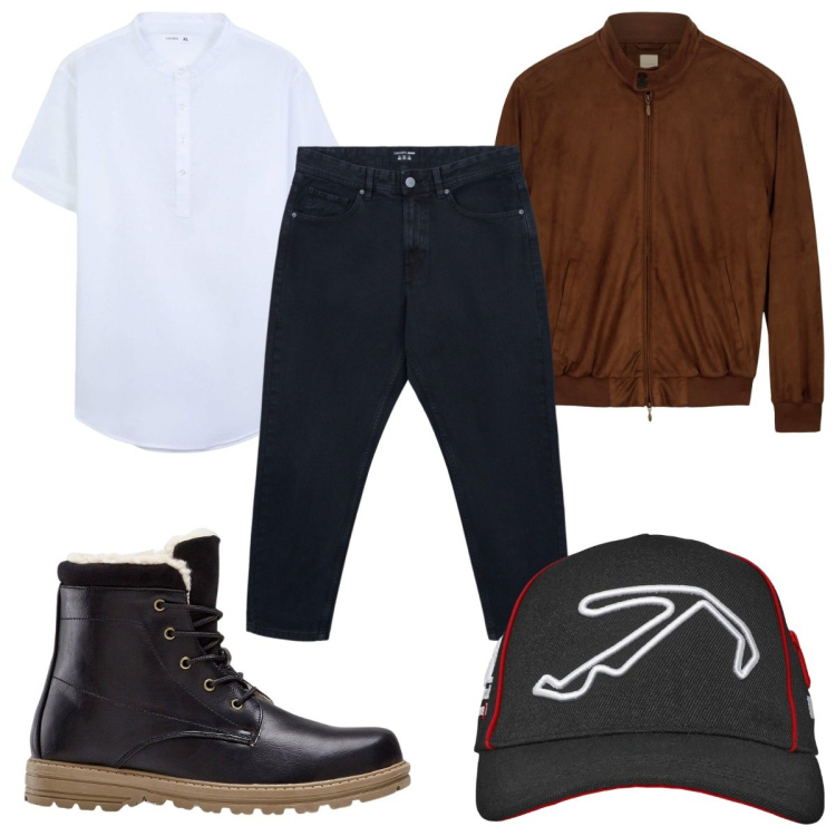 Outfit uomo - Total look #2245810. Stile Casual per Tutti i giorni. Abbinamento con stivali e stivaletti, camicie a manica corta, cappelli, jeans dritti, giacche.