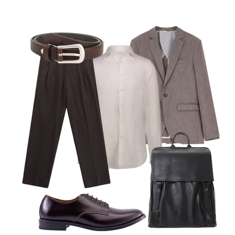 Outfit uomo - Di corsa in ufficio. Stile Business/Elegante per Ufficio. Abbinamento con giacche, cinture, borse sportive, pantaloni, camicie, scarpe stringate.