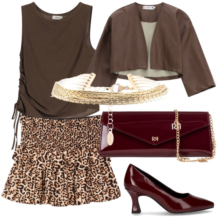 Outfit donna - Gonnellina sfiziosa. Stile Glamour per Serata fuori. Abbinamento con minigonne, pochette, giacche, braccialetti, top, décolleté.