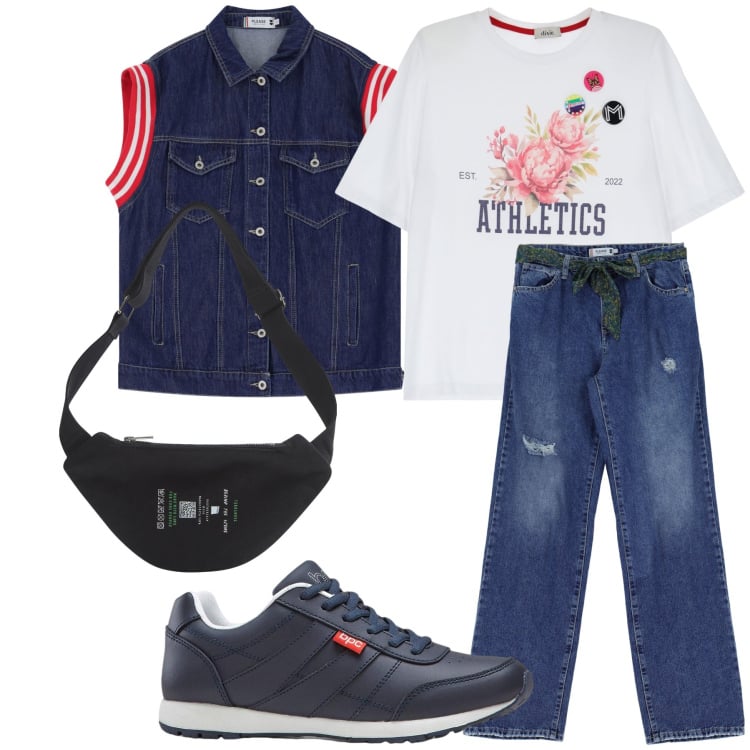 Outfit donna - Sportiva e carina. Stile Casual chic per Tutti i giorni. Abbinamento con sneakers, marsupi, gilet, jeans strappati, t-shirt.