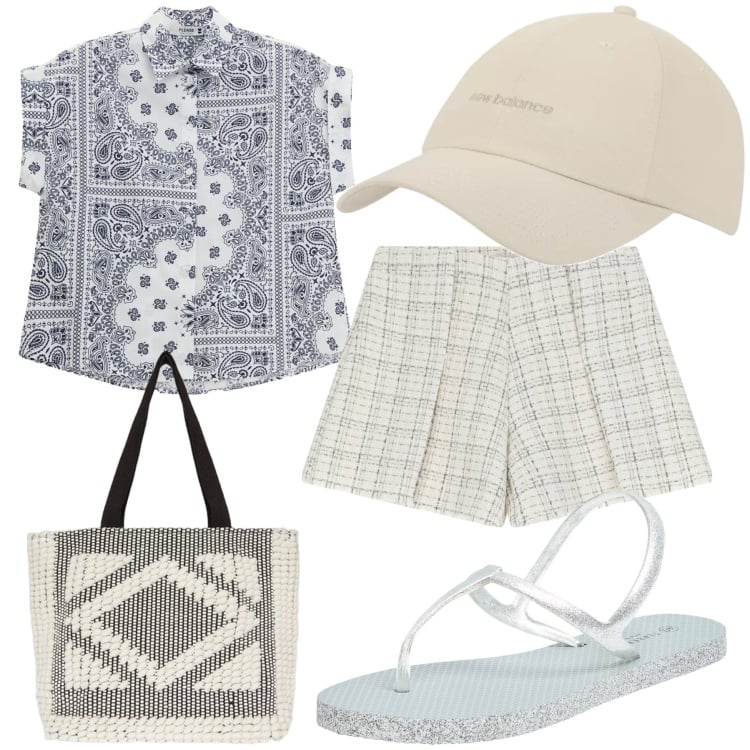 Outfit donna - Un settembre ancora estivo. Stile Casual per Tutti i giorni. Abbinamento con sandali, cappelli con visiera, shorts, camicie a manica corta, shopping bag.