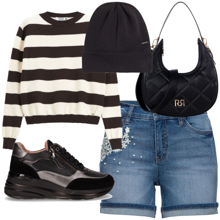 Outfit donna - Free time. Stile Casual chic per Tutti i giorni. Abbinamento con shorts, borse a tracolla, pullovers, cappelli, sneakers.