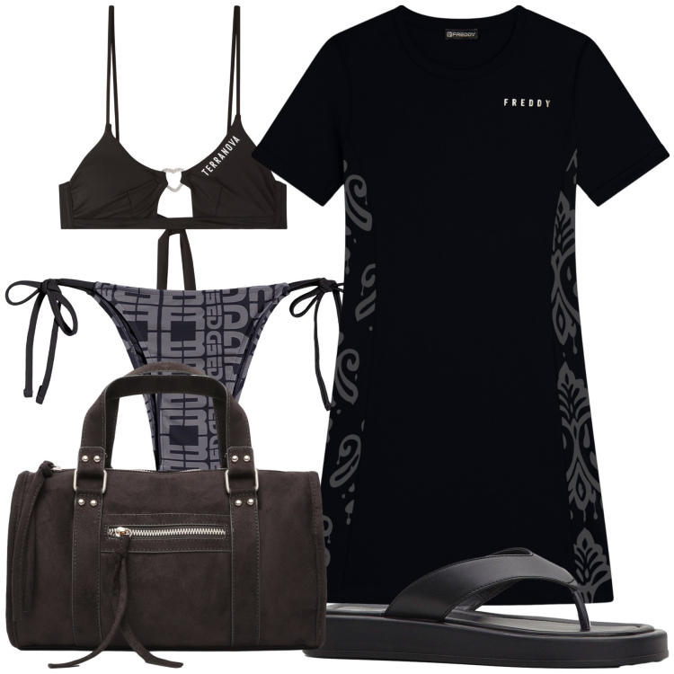 Outfit donna - Oggi vado al mare. Stile Basic per Mare. Abbinamento con ciabatte, borse a mano, bikini, bikini, vestiti midi/longuette.