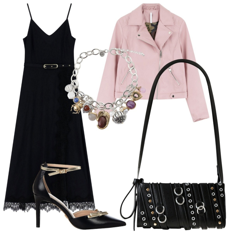 Outfit donna - Pizzo e sporty. Stile Casual chic per Serata fuori. Abbinamento con décolleté, borse a spalla, vestiti lunghi, blazer, braccialetti con ciondoli.