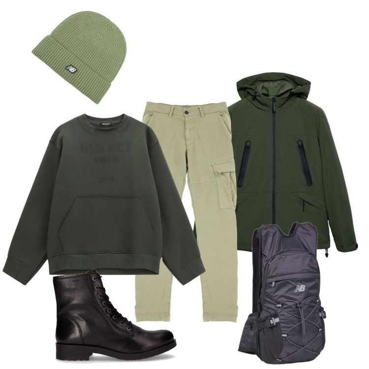 Outfit uomo - Week-end tra i monti. Stile Casual per Sport. Abbinamento con giacche, borse sportive, berretti, pantaloni cargo, felpe, stivali e stivaletti.