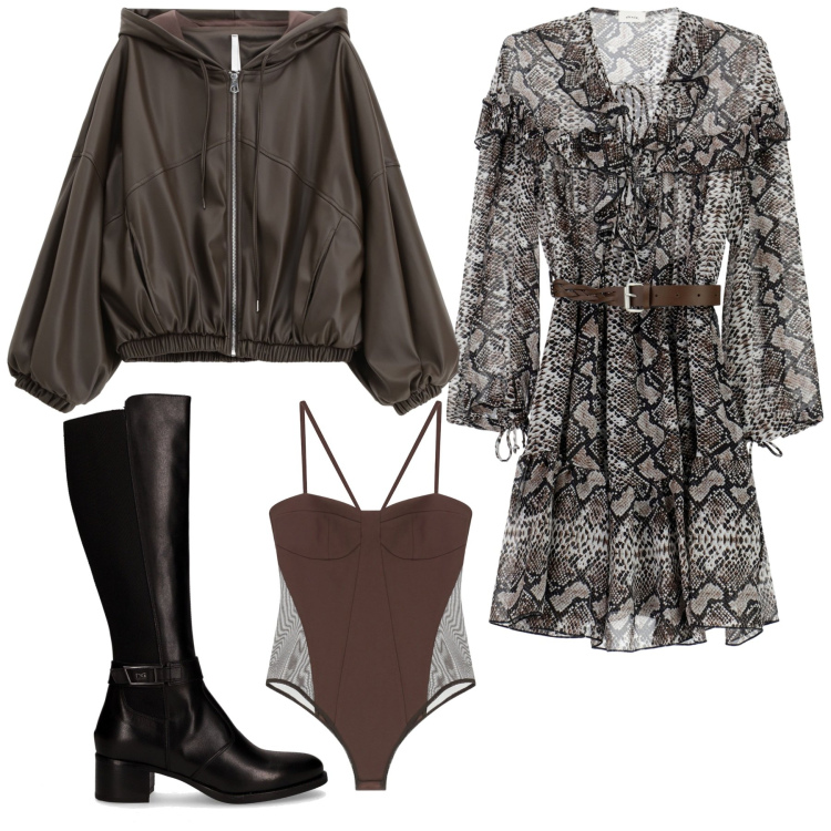Outfit donna - Total look #2245840. Stile Glamour per Serata fuori. look ideale per Petite. Abbinamento con bomber, body, vestiti corti, stivali.